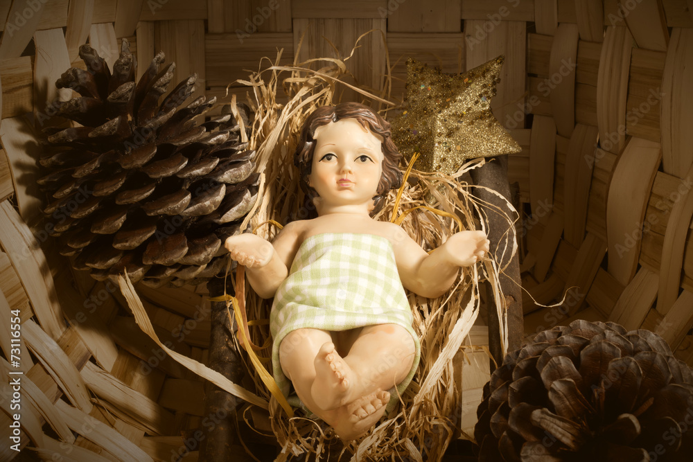 Baby Jesus in the crib Christmas card - obrazy, fototapety, plakaty 