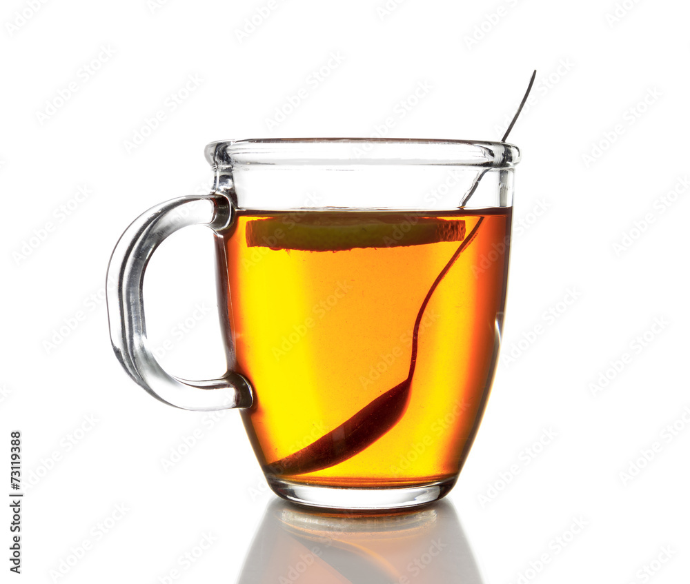 Glass mug with tea, isolated on white background Glass mug with tea, isolated on white background
