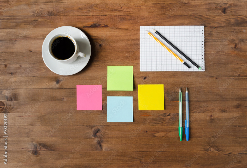 Set office supplies and a cup of coffee Set office supplies and a cup of coffee