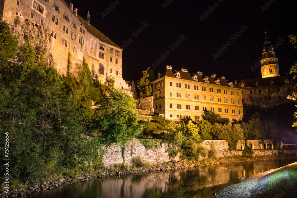 View at a castle in Cesky Krumlov during the nighttime.