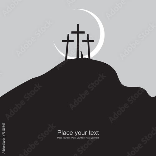 Mount Calvary with three crosses at night under the moon