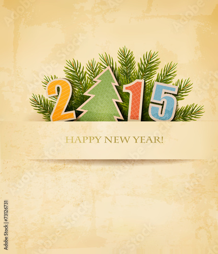 2015 with a Christmas tree on old paper background. Vector.