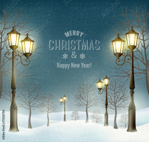 Christmas evening winter landscape with lampposts. Vector