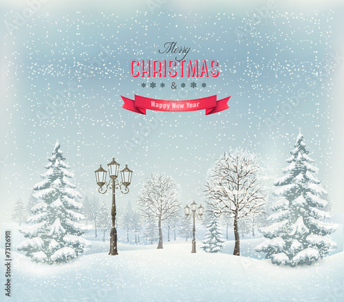 Christmas winter landscape with lampposts. Vector.
