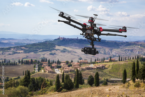 Flying drone in the skies of Tuscany
