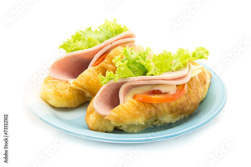 croissant ham cheese on white background