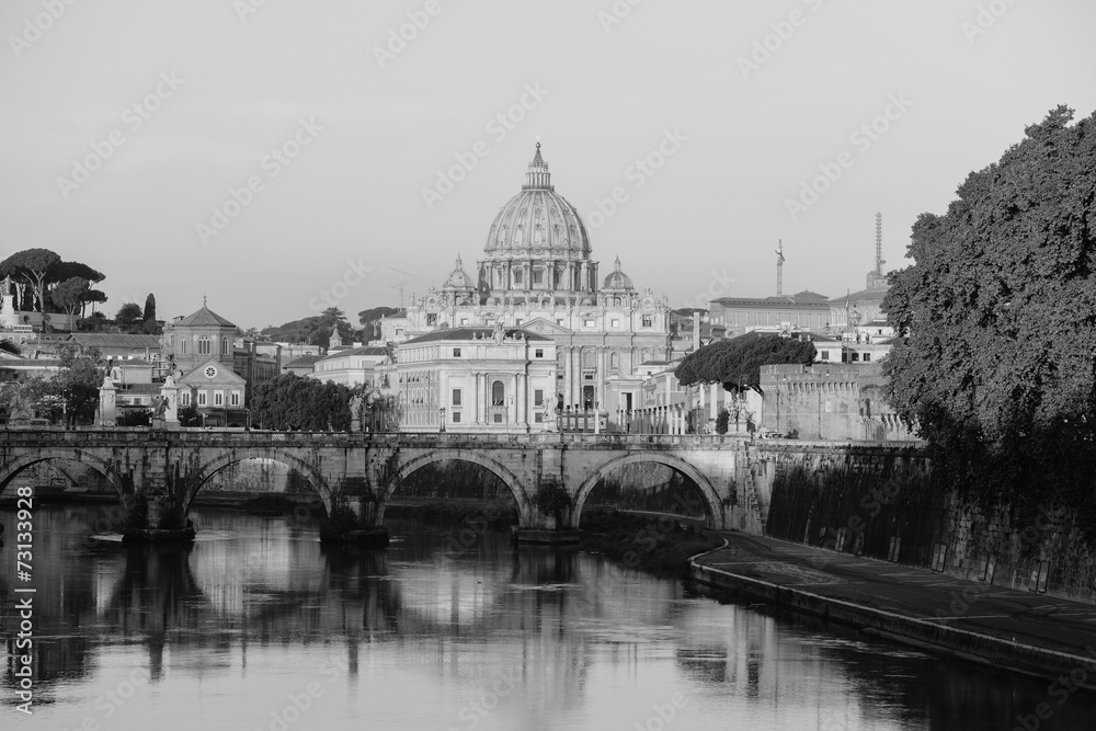 view of panorama Vatican City from Ponte Umberto I in Rome, Ital