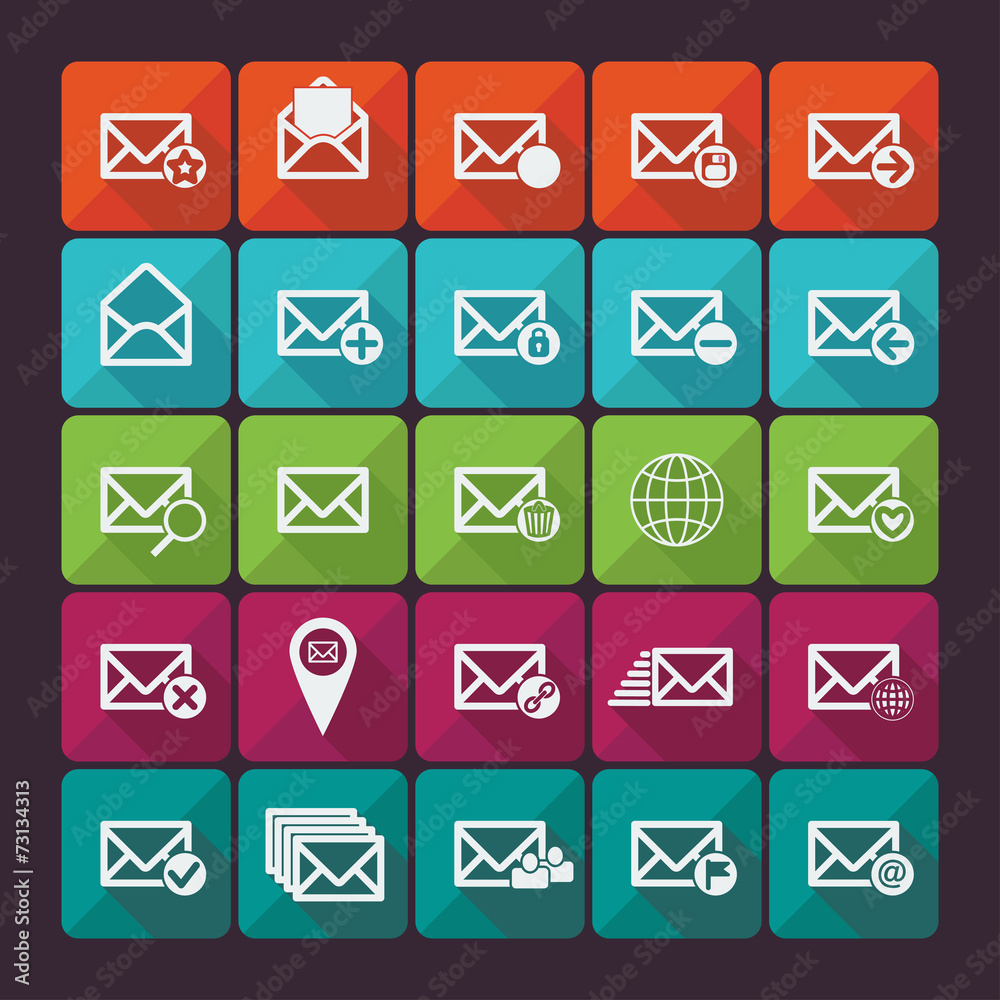 25 flat vector mail icons. Social networking and communication. 25 flat vector mail icons. Social networking and communication.
