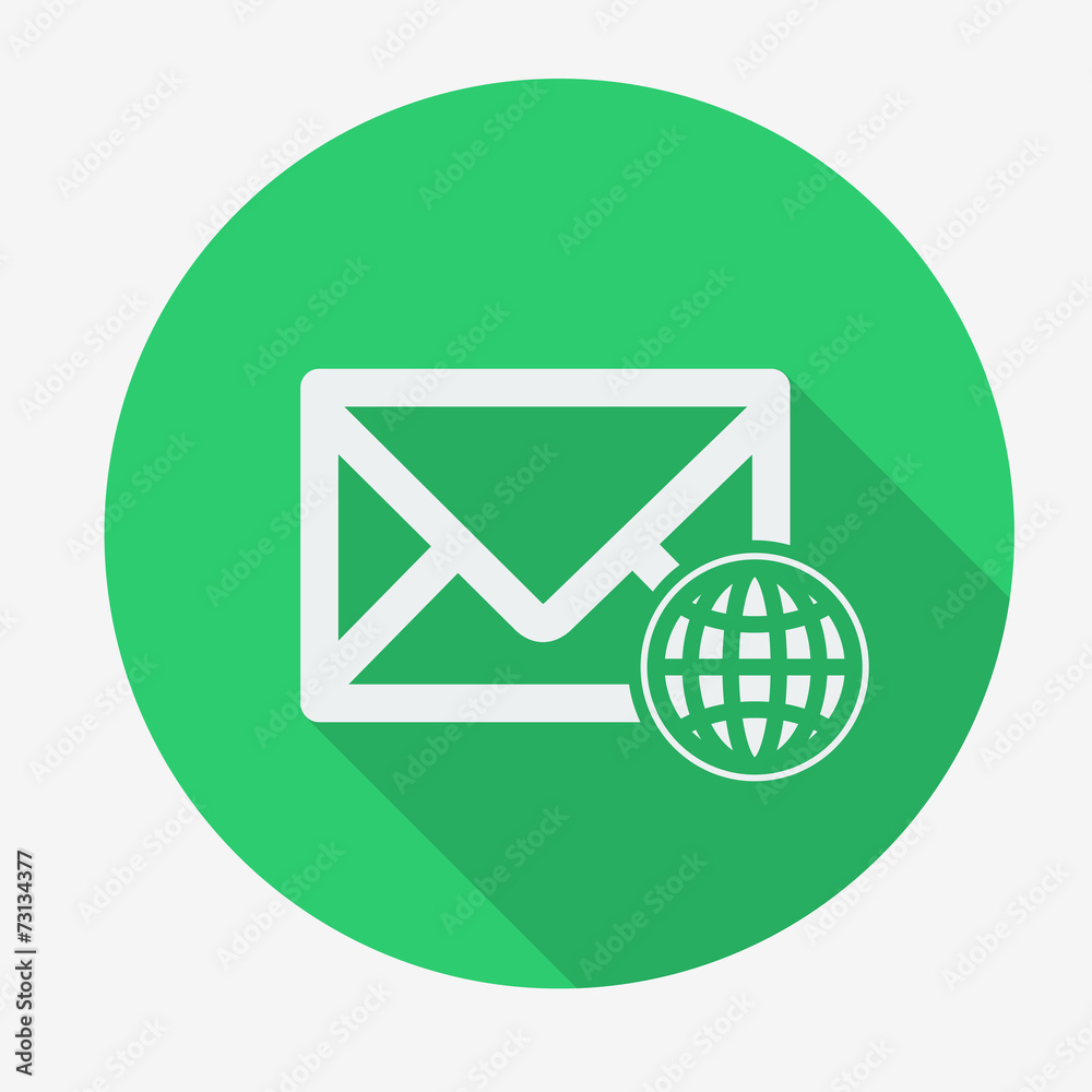 Single flat icon with long shadow for web applications, email icons design. Envelope with globe. Vector illustration. Single flat icon with long shadow for web applications, email icons design. Envelope with globe. Vector illustration.