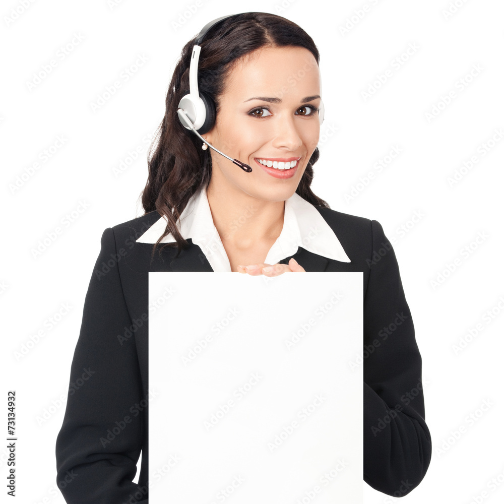 Support phone operator with signboard, isolated Support phone operator with signboard, isolated