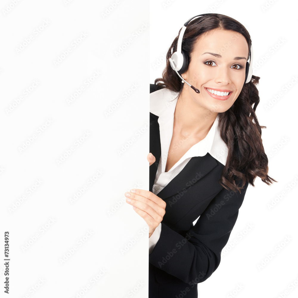 Support phone operator with signboard, isolated Support phone operator with signboard, isolated