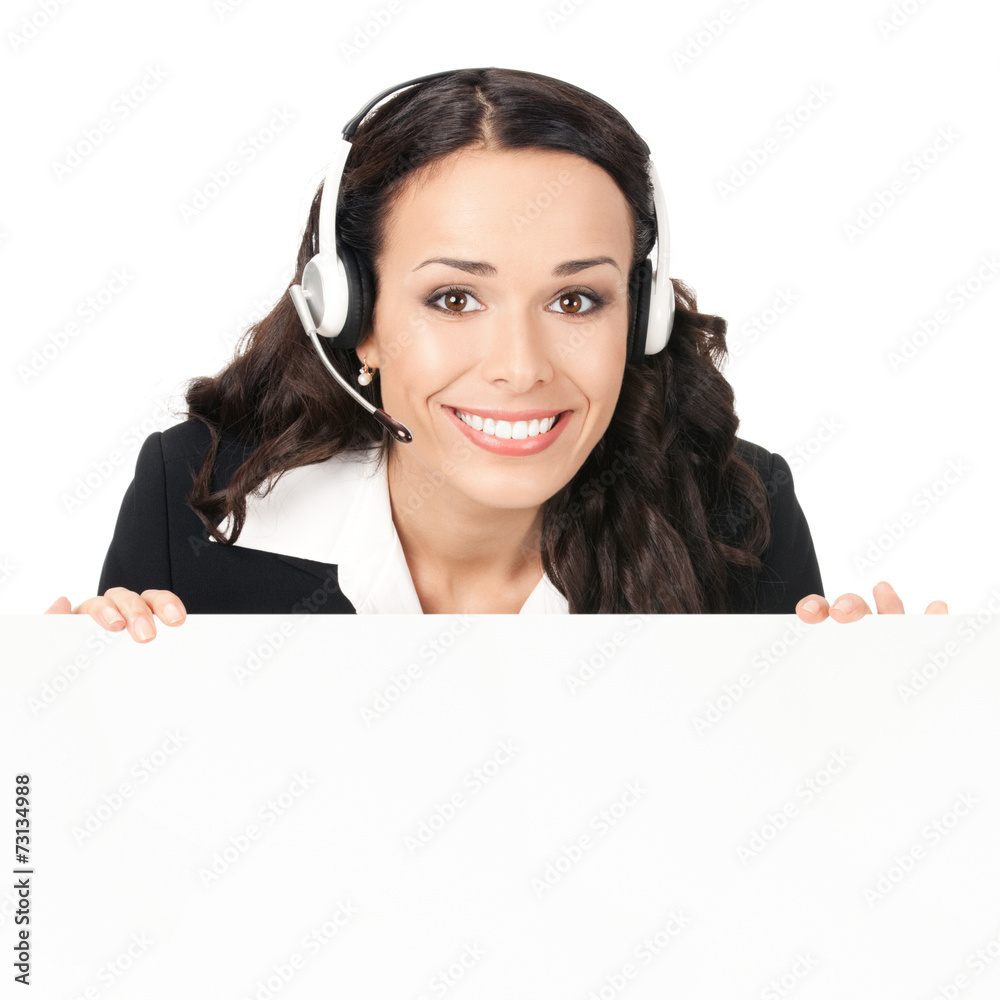 Support phone operator with signboard, isolated Support phone operator with signboard, isolated