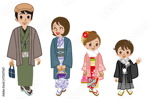 New year's Kimono family walking,front view