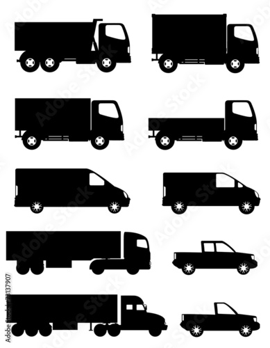 set of icons cars and truck for transportation cargo black silho