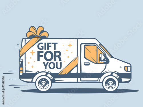 Vector illustration of van free and fast delivering gift for you