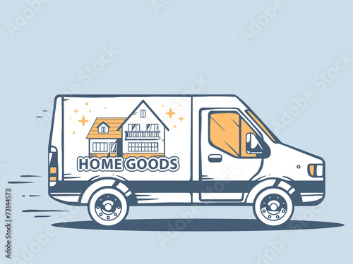 Vector illustration of van free and fast delivering home goods t