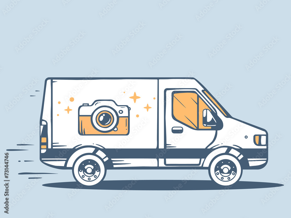 Vector illustration of van free and fast delivering photo camera Vector illustration of van free and fast delivering photo camera