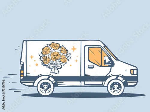 Vector illustration of van free and fast delivering bouquet of f