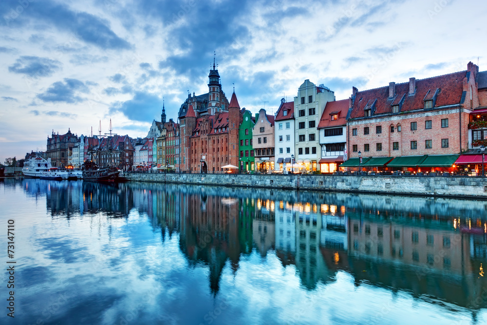 View of Gdansk old town and Motlawa river, Poland at sunset
