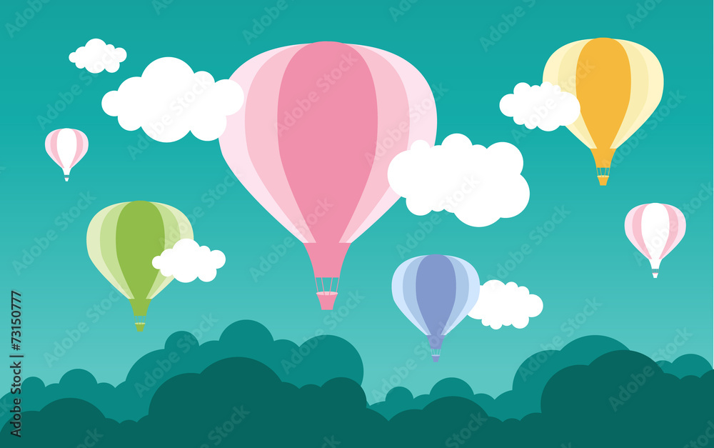 Balloon fly to the sky in many color background