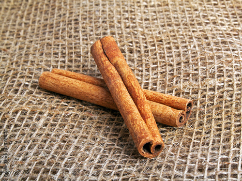 Cinnamon sticks on burlap background