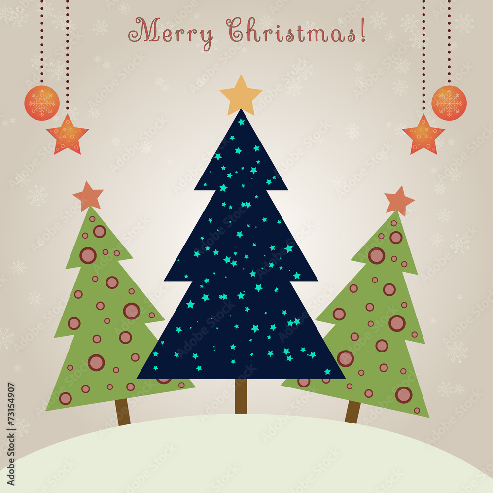 Christmas card with decorated fir trees