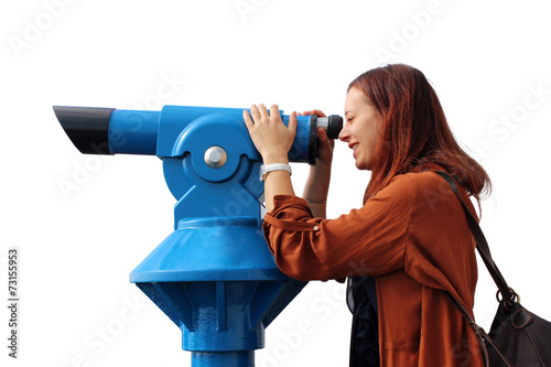 Girl looking from the telescope on white background