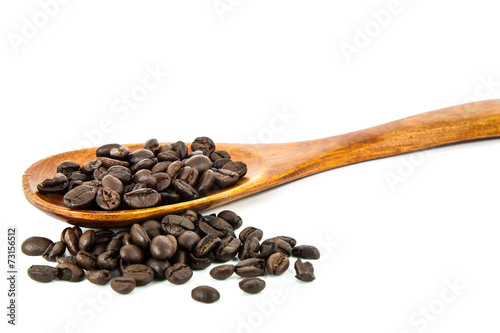 Coffee and brown wood spoon with white background for cafe