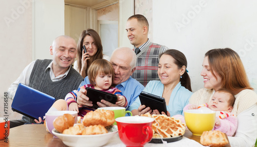   Happy multigeneration family using devices