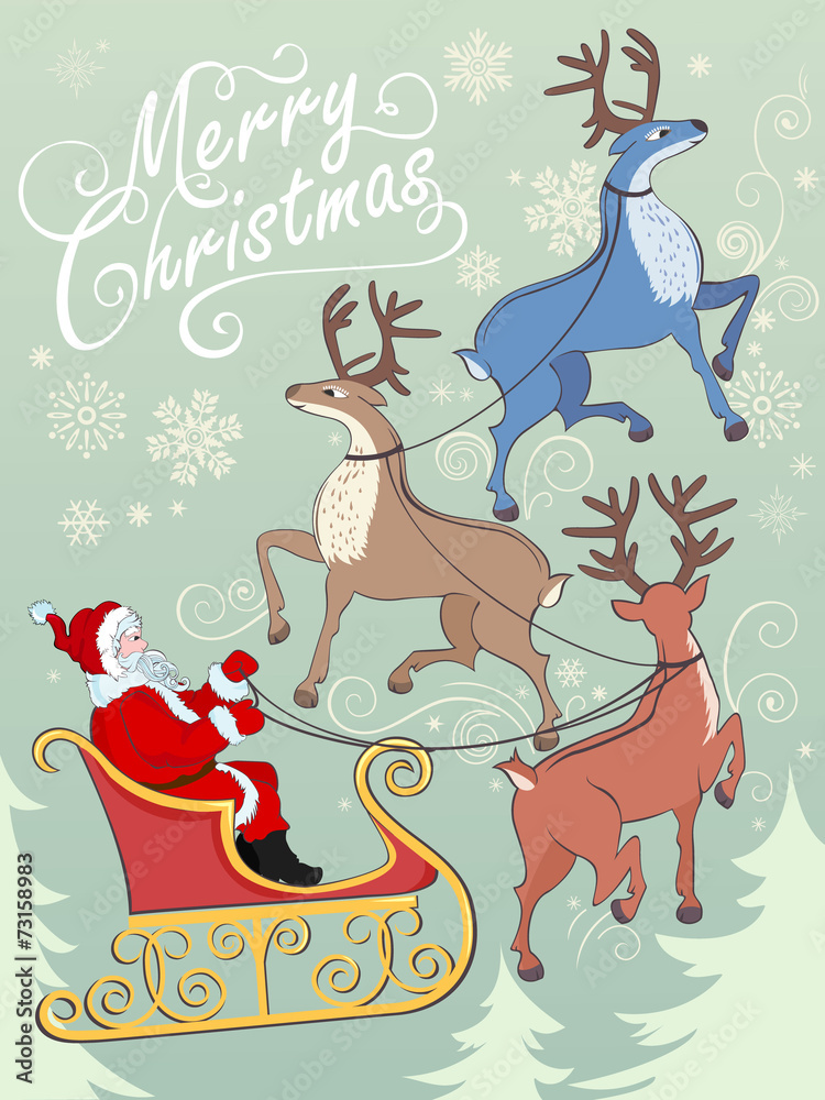 Greeting card with reindeers and Santa on sleigh