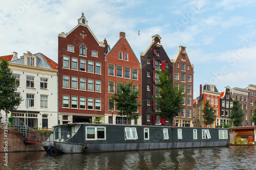 City view of Amsterdam canal and typical houses, Holland, Nether