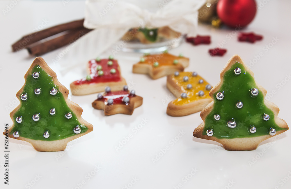 Christmas handmade cookies tree on white background