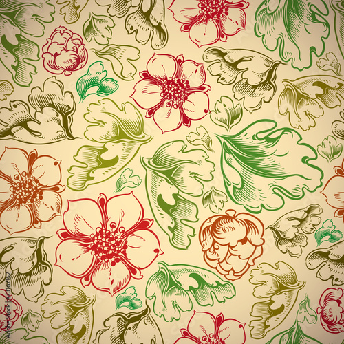 Vintage style seamless background with flowers and leaves.