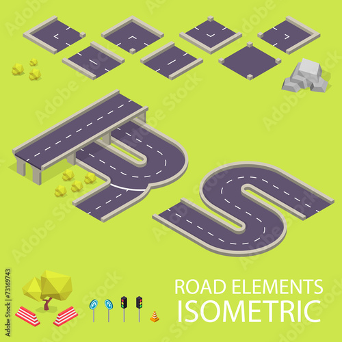 Road elements isometric. Road font. Letters R and S