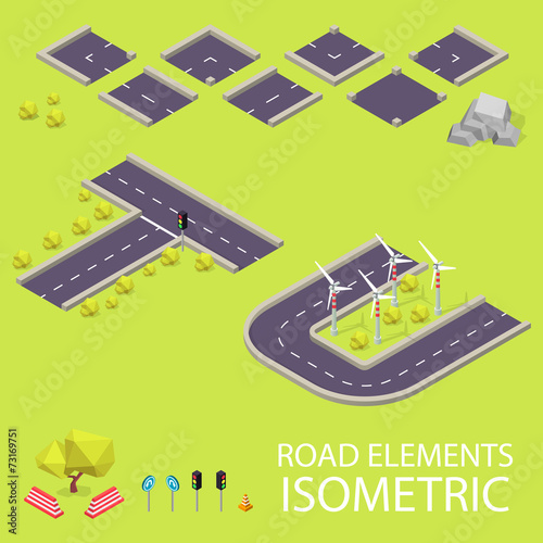Road elements isometric. Road font. Letters T and U
