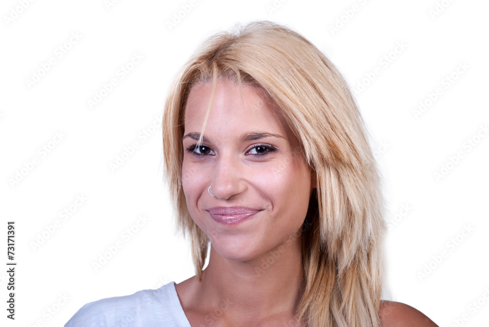 Pretty blond girl ,wearing white shirt isolated on white Pretty blond girl ,wearing white shirt isolated on white