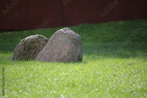 Two big rocks on a lawn