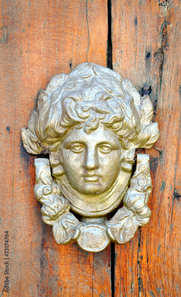 old wooden door with a bronze head and iron rivets