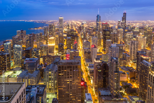 Aerial view of Chicago downtown skyline at night.