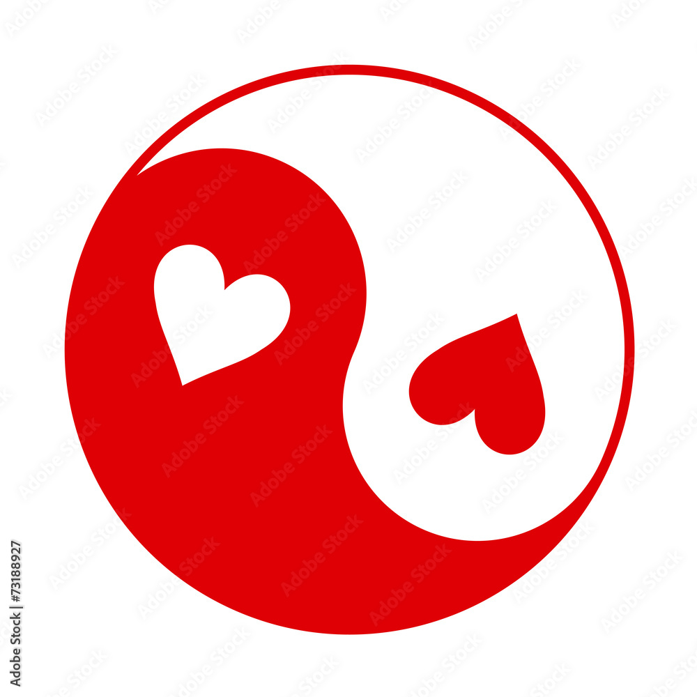 Red and white Yin-Yang symbol with hearts instead of dots