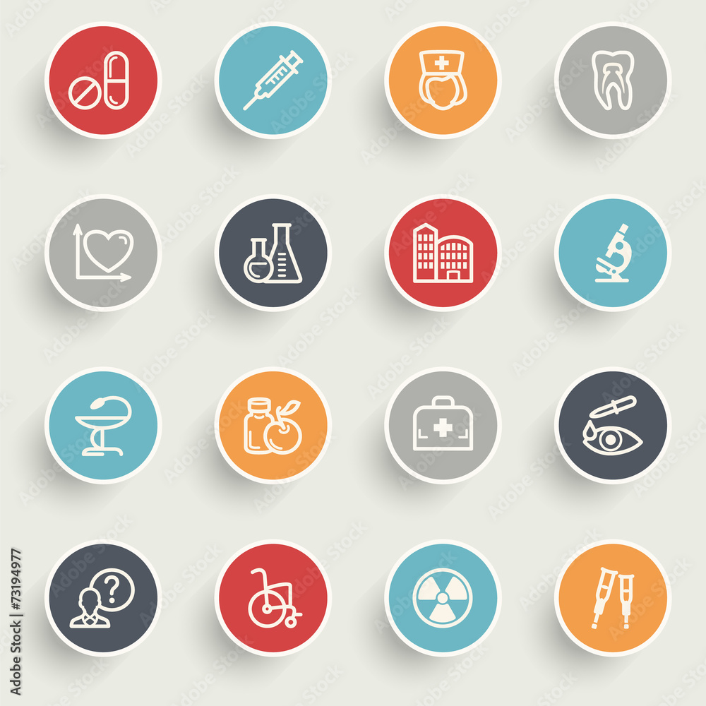 Medicine icons with color buttons on gray background. Medicine icons with color buttons on gray background.