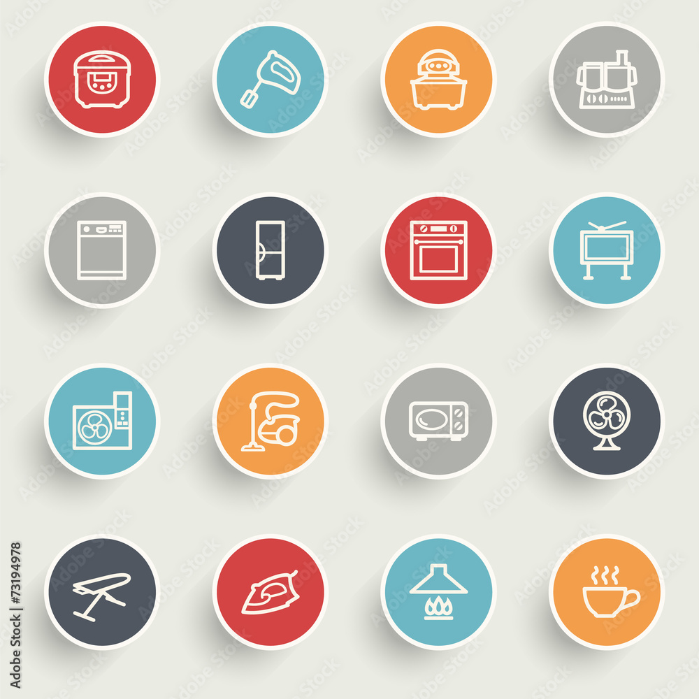 Home appliances icons with color buttons on gray background. Home appliances icons with color buttons on gray background.