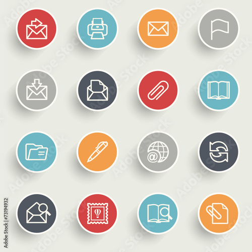 Email icons with color buttons on gray background.