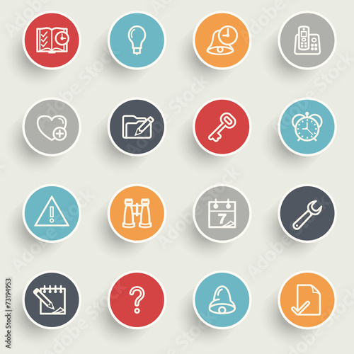 Organizer icons with color buttons on gray background.