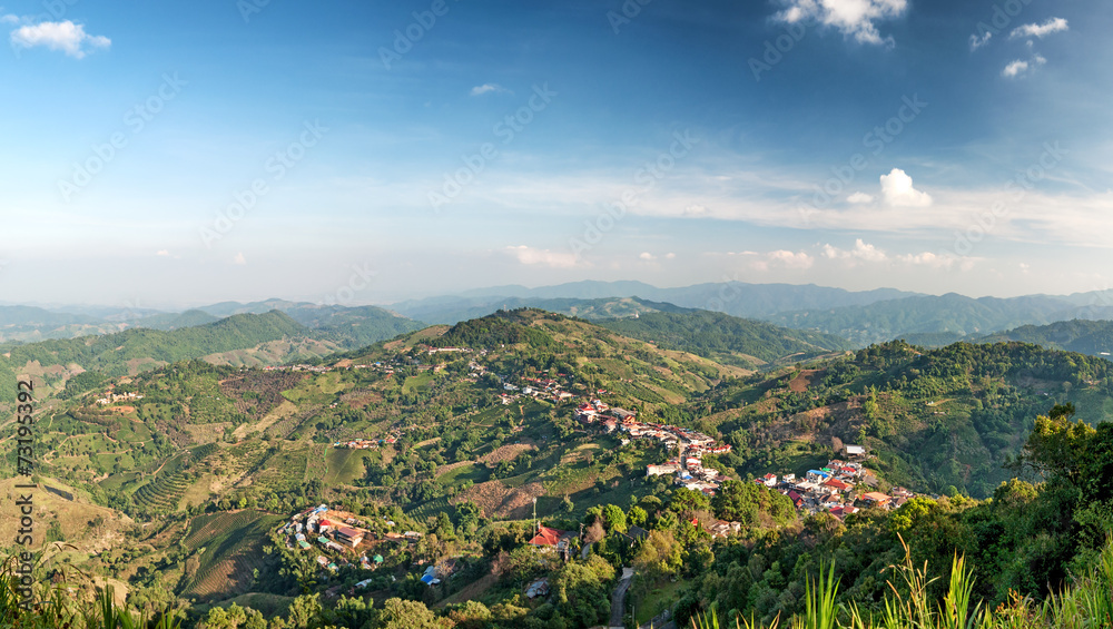 Chiang Rai hills village landscape panorama. Northern Thailand