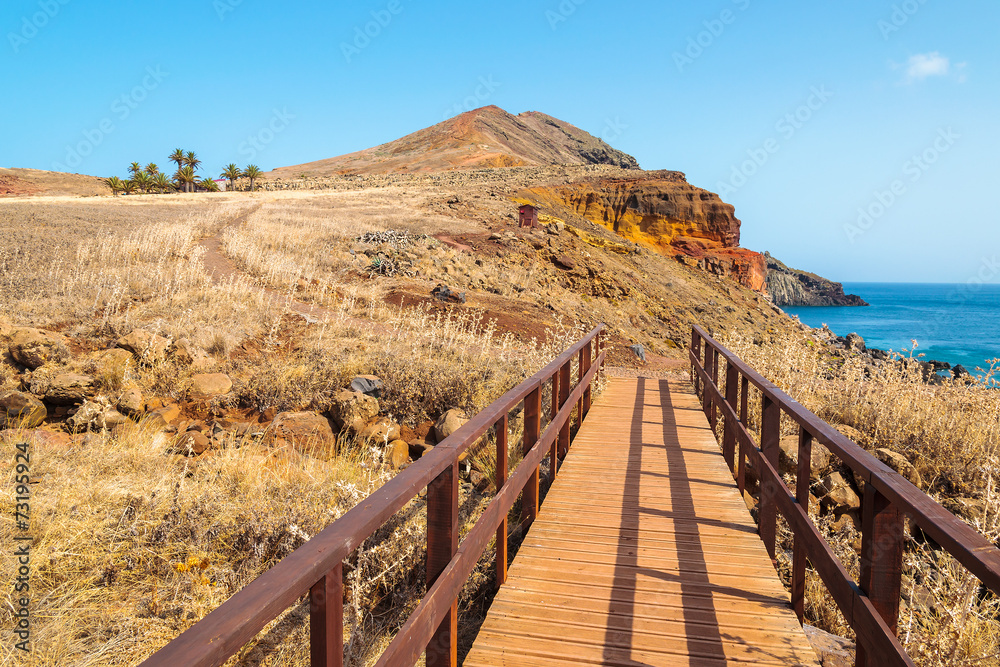 Wooden footbridge on trekking trail, Madeira island, Portugal