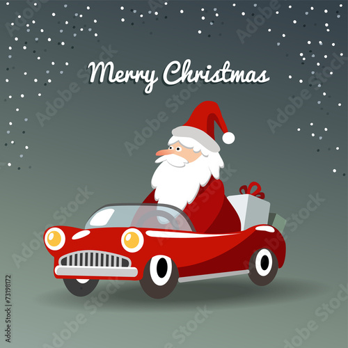 Christmas greeting card with Santa Claus, retro sports car