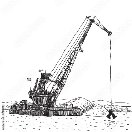 Huge crane barge Industrial ship that digs sand, marine dredging