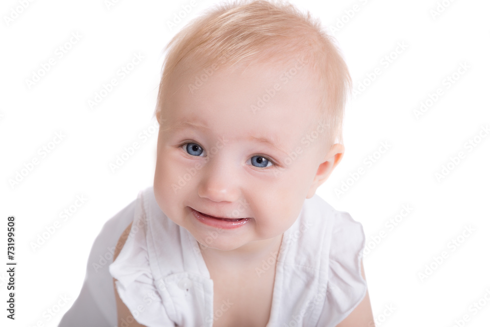 Little playing smiling child isolated on white backgroung