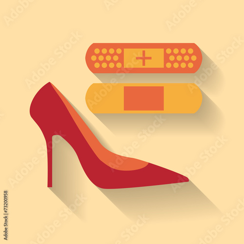 Two adhesive bandages and single red high-heeled shoe